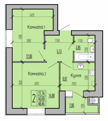 Продажа 2-комнатной квартиры 46,5 м², 10/10 этаж