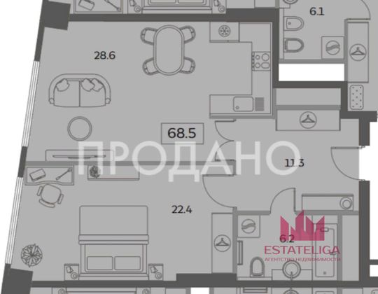 Продажа 2-комнатной квартиры 68,5 м², 25/29 этаж