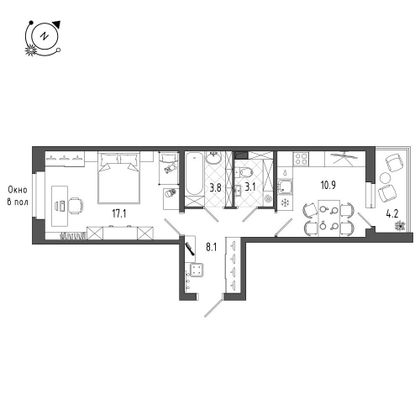 45,2 м², 1-комн. квартира, 1/12 этаж