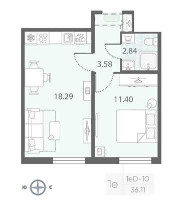 Продажа 1-комнатной квартиры 36,1 м², 4/23 этаж