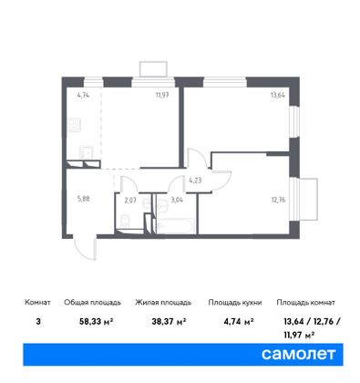 58,3 м², 2-комн. квартира, 3/17 этаж