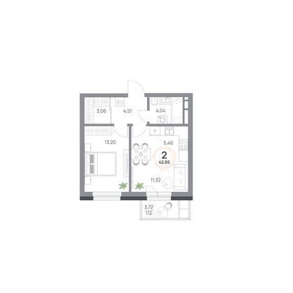 42,7 м², 2-комн. квартира, 2/7 этаж