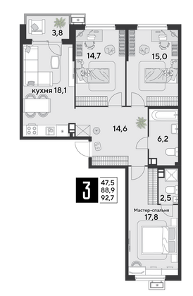 Продажа 3-комнатной квартиры 92,7 м², 9/9 этаж