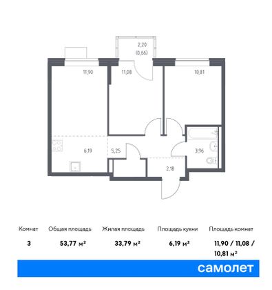 53,8 м², 2-комн. квартира, 12/17 этаж