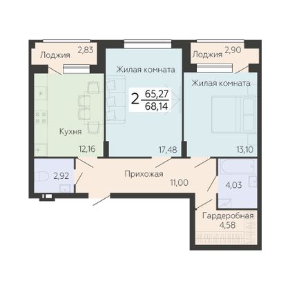 Продажа 2-комнатной квартиры 68,1 м², 3/14 этаж