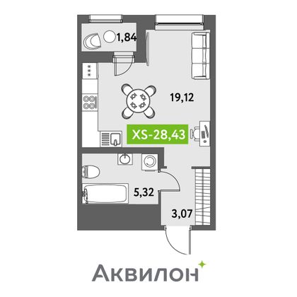 28,4 м², студия, 2/12 этаж