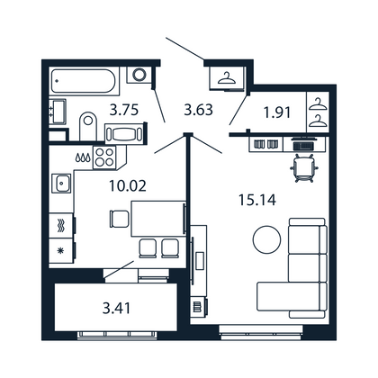Продажа 1-комнатной квартиры 33,7 м², 2/13 этаж