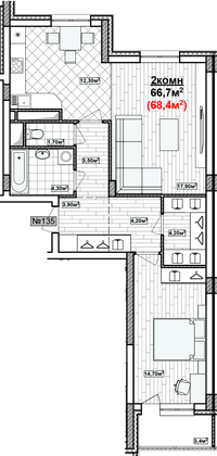 Продажа 2-комнатной квартиры 68,4 м², 2/19 этаж