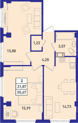 Продажа 2-комнатной квартиры 54,7 м², 14/18 этаж
