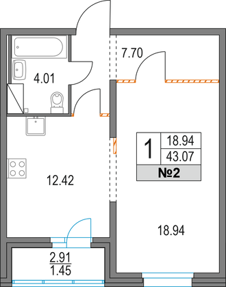 43,1 м², 1-комн. квартира, 2/19 этаж