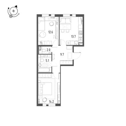 57,3 м², 2-комн. квартира, 2/12 этаж