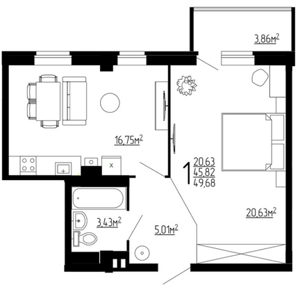 Продажа 1-комнатной квартиры 49,7 м², 9/10 этаж