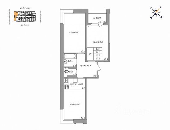 Продажа 3-комнатной квартиры 67,8 м², 12/17 этаж