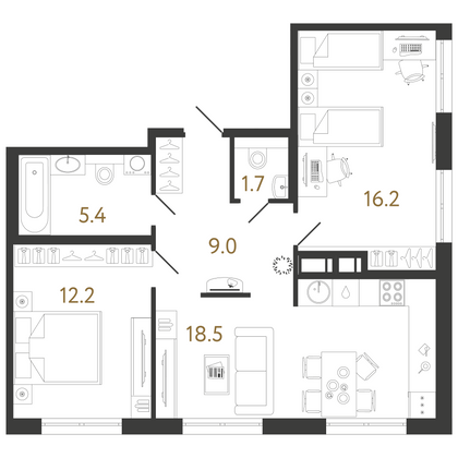 63 м², 2-комн. квартира, 2/15 этаж