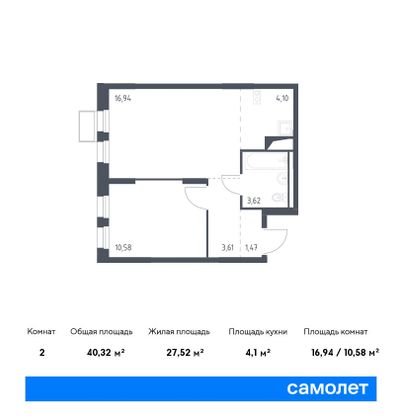 40,3 м², 1-комн. квартира, 2/17 этаж