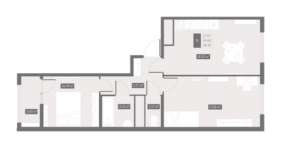 58,4 м², 2-комн. квартира, 7/10 этаж