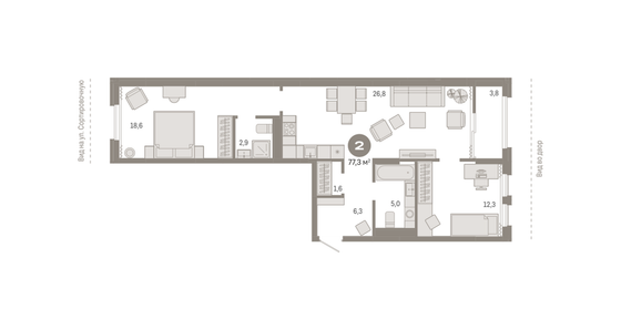 77,3 м², 2-комн. квартира, 3/15 этаж