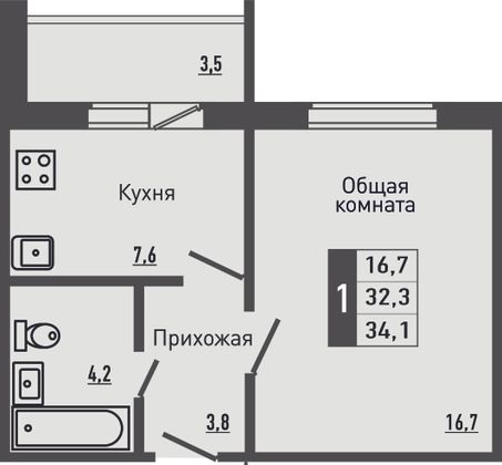 34,1 м², 1-комн. квартира, 2/16 этаж