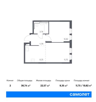 38,7 м², 1-комн. квартира, 2/14 этаж