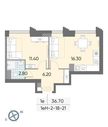 Продажа 1-комнатной квартиры 36,7 м², 18/58 этаж