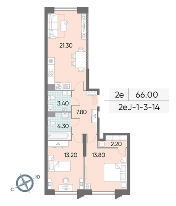 66 м², 2-комн. квартира, 14/58 этаж