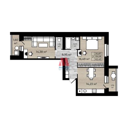 Продажа 2-комнатной квартиры 62,4 м², 4/5 этаж