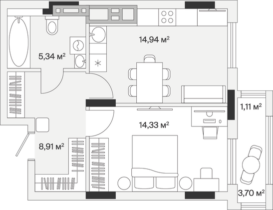 44,6 м², 1-комн. квартира, 1/7 этаж