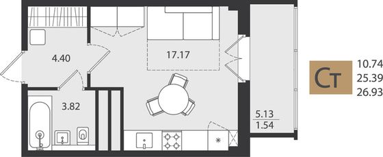 26,9 м², 1-комн. квартира, 15/16 этаж