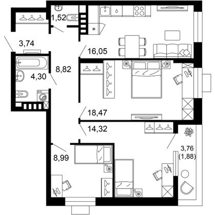 78,1 м², 3-комн. квартира, 2/10 этаж