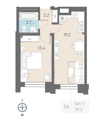 Продажа 1-комнатной квартиры 39,5 м², 2/11 этаж