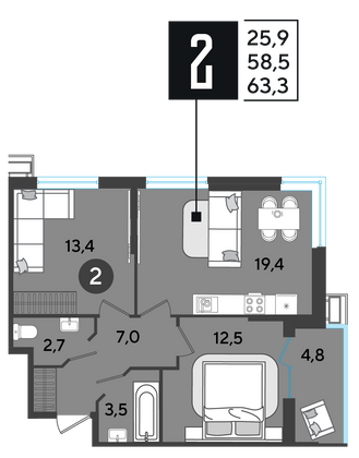 Продажа 2-комнатной квартиры 63,3 м², 2/9 этаж