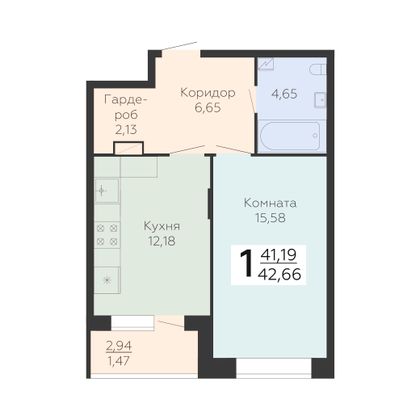 Продажа 1-комнатной квартиры 42,7 м², 6/24 этаж