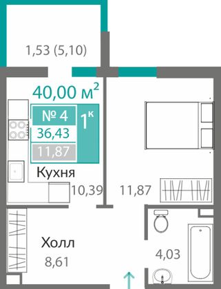 36,4 м², 1-комн. квартира, 1/10 этаж