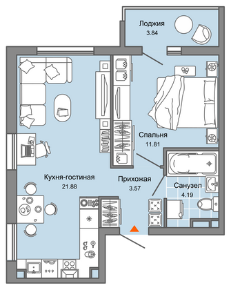 43 м², 1-комн. квартира, 3/9 этаж