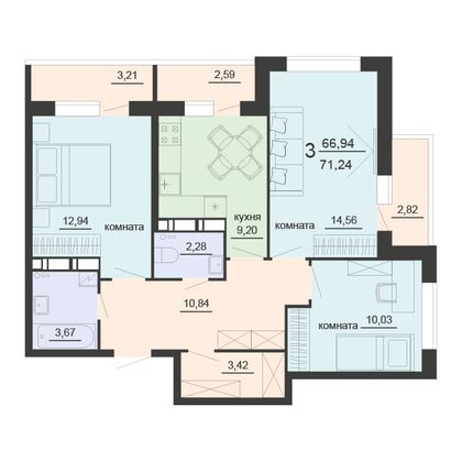 Продажа 3-комнатной квартиры 71,2 м², 16/20 этаж