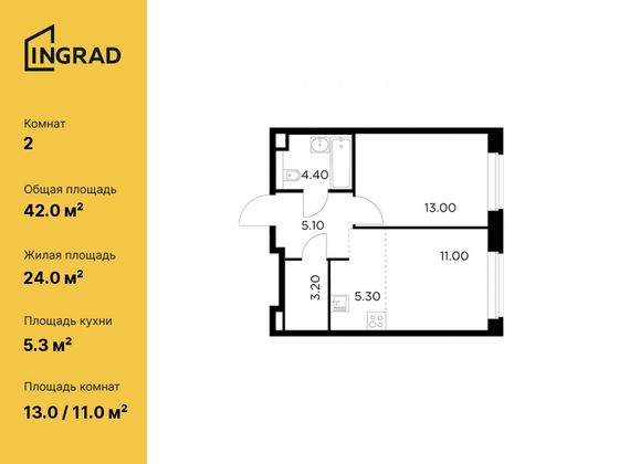 42 м², 2-комн. квартира, 14/23 этаж