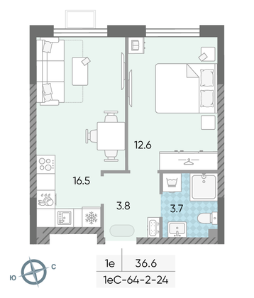 Продажа 1-комнатной квартиры 36,6 м², 20/24 этаж