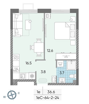 Продажа 1-комнатной квартиры 36,6 м², 22/24 этаж