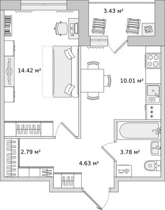 39 м², 1-комн. квартира, 2/17 этаж