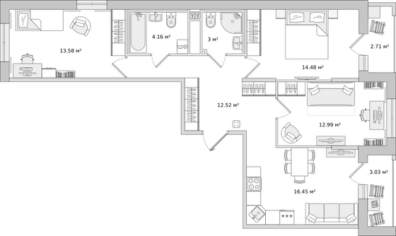 82,9 м², 3-комн. квартира, 20/23 этаж