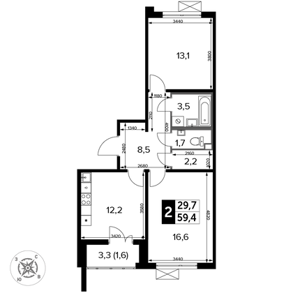 59,4 м², 2-комн. квартира, 9/12 этаж