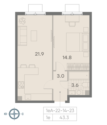 Продажа 1-комнатной квартиры 43,3 м², 17/23 этаж