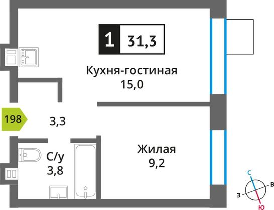 Продажа 1-комнатной квартиры 31,3 м², 9/9 этаж