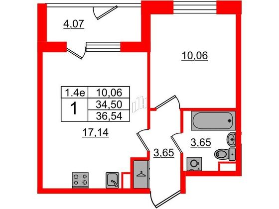 Продажа 1-комнатной квартиры 34,5 м², 1/5 этаж
