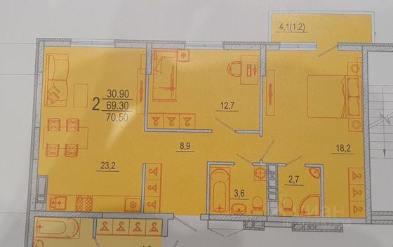 Продажа 2-комнатной квартиры 70 м², 9/9 этаж