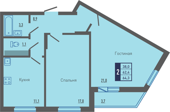 64,3 м², 2-комн. квартира, 3/19 этаж