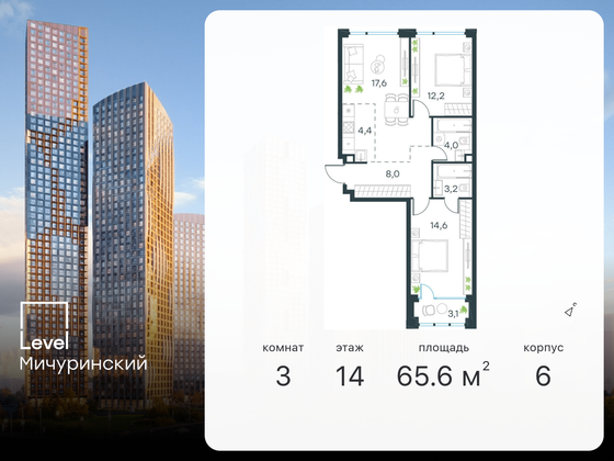 65,6 м², 3-комн. квартира, 14/20 этаж