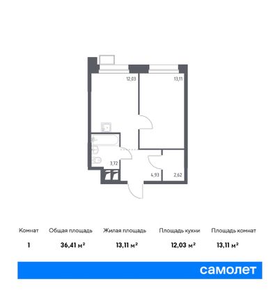 36,4 м², 1-комн. квартира, 20/23 этаж