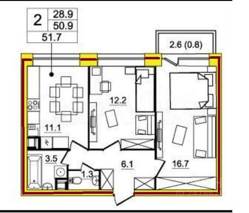 Продажа 2-комнатной квартиры 50,9 м², 2/4 этаж