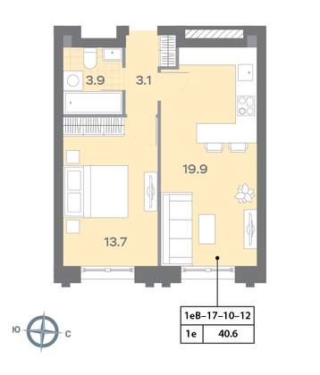 40,7 м², 1-комн. квартира, 10/32 этаж